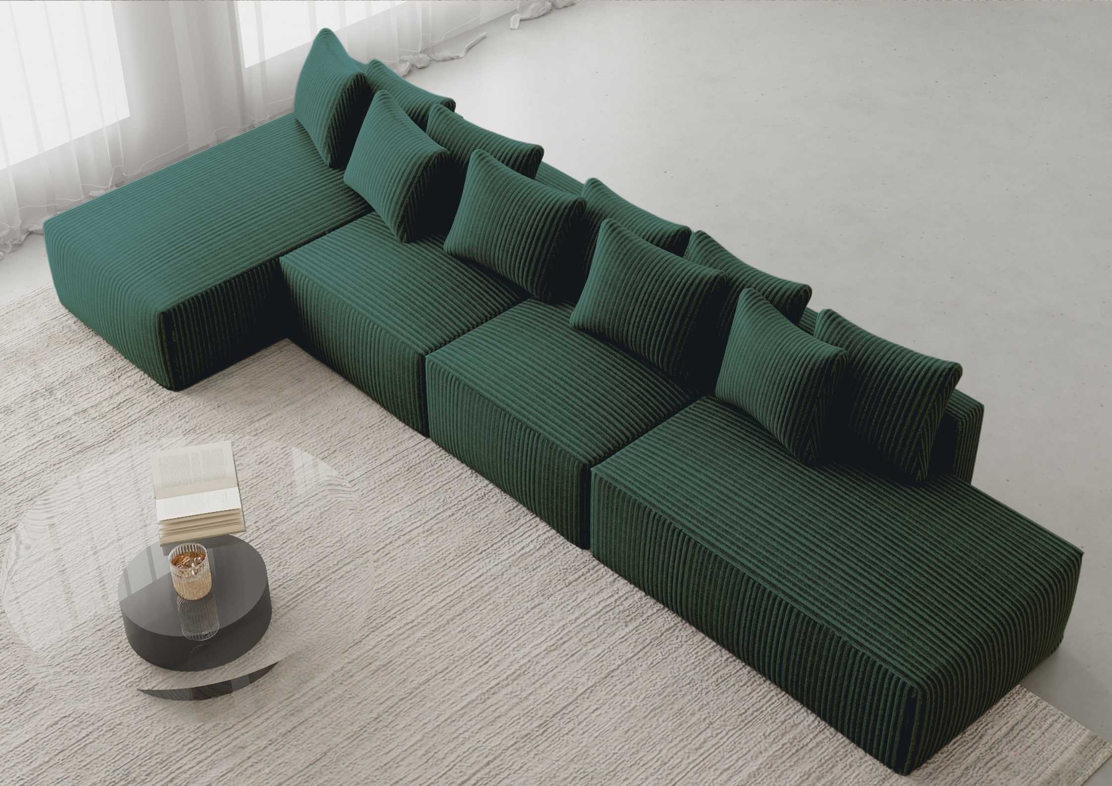 Duży narożnik wolnostojący z funkcją spania materiał sztruks kolor zielony